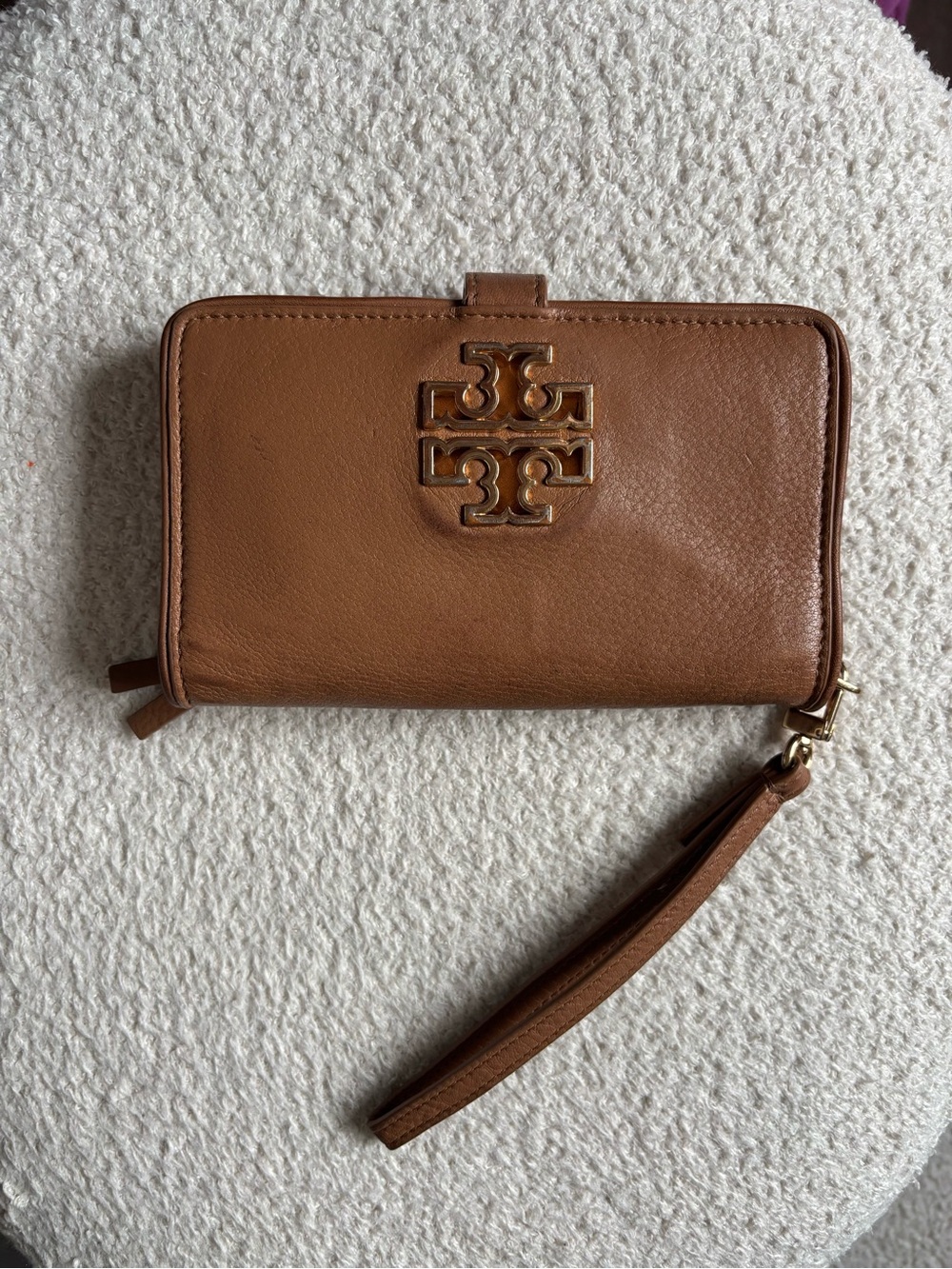 Tory Burch Brown Pebbled Leather Logo Wristlet Wallet Clutch